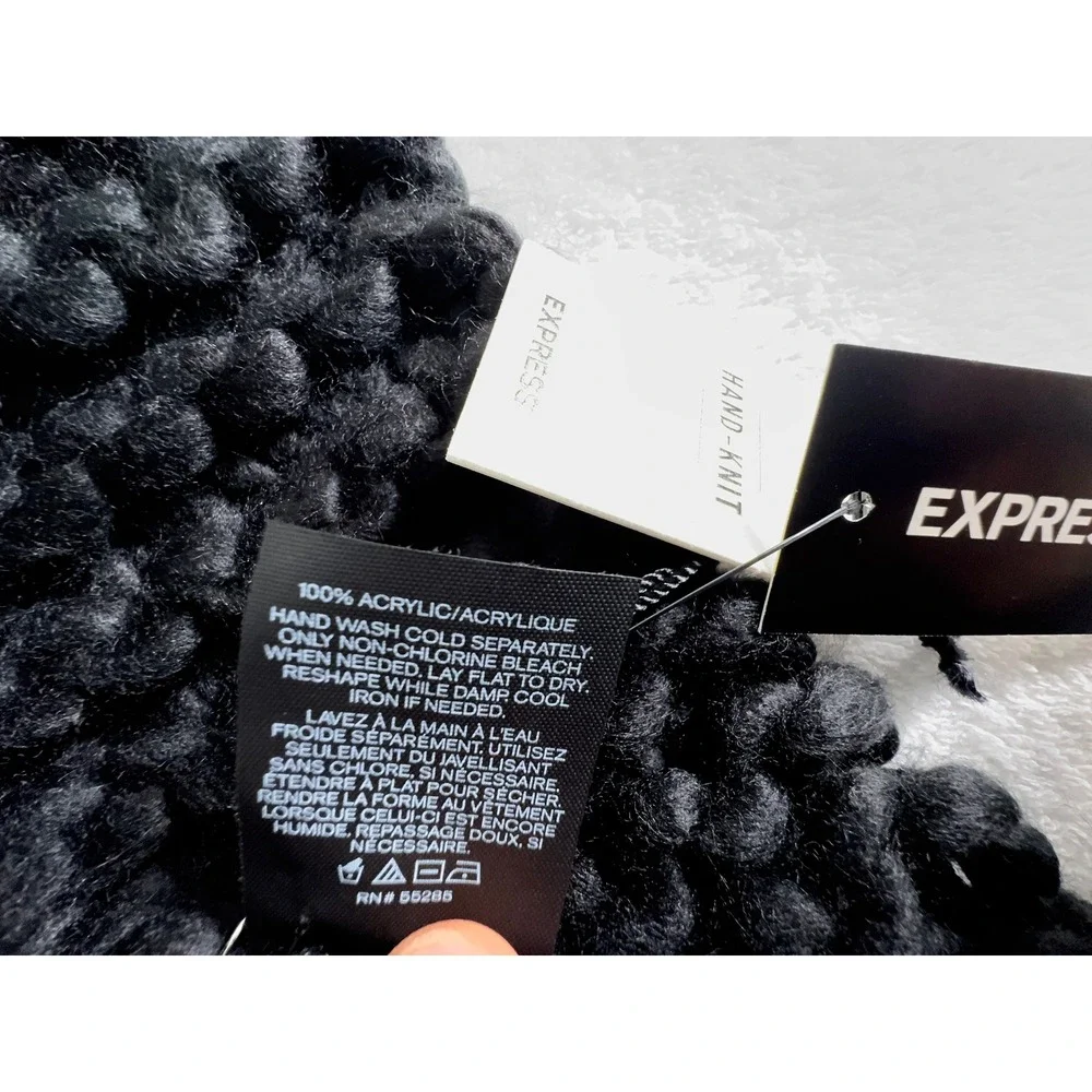 Express Hand Knit Pom Scarf Neck Thick Black‎ NWT